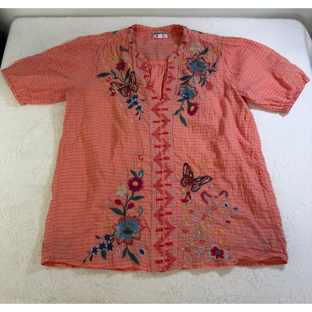 Johnny Was Workshop Boho Embroidered Plaid Blouse Orange Pink Floral XS